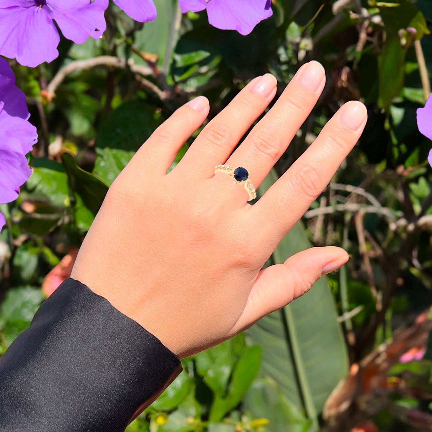 Contemporary Blue Sapphire Ring Diamonds 1.12 Carats 10K Yellow Gold For Sale