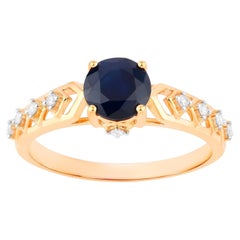 Bague saphir bleu 1,12 carats or jaune 10 carats diamants