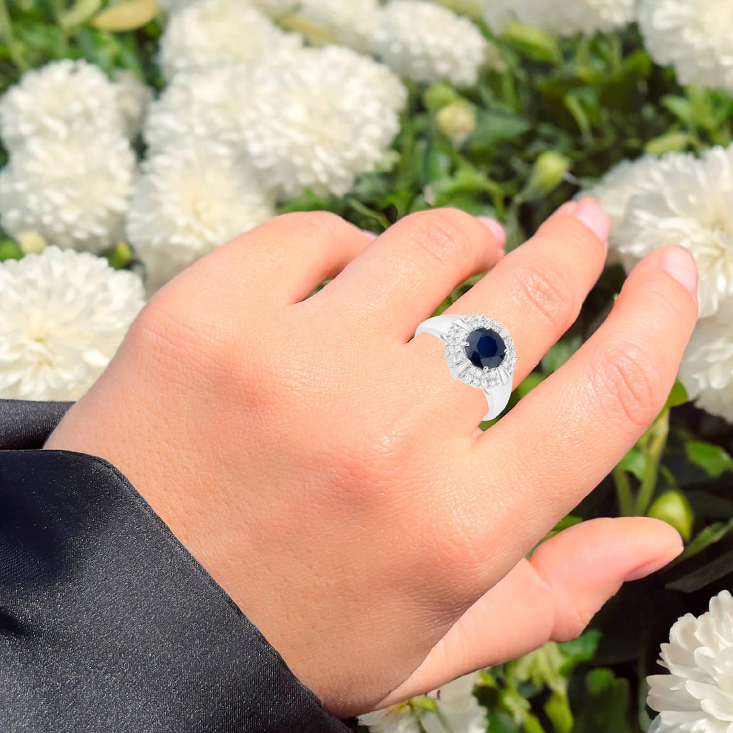 Blauer Saphir Ring Diamanten 1,7 Karat 10K Weißgold (Rundschliff) im Angebot
