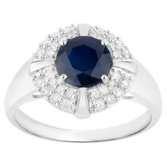 Anello con zaffiro blu e diamanti 1,7 carati in oro bianco 10K
