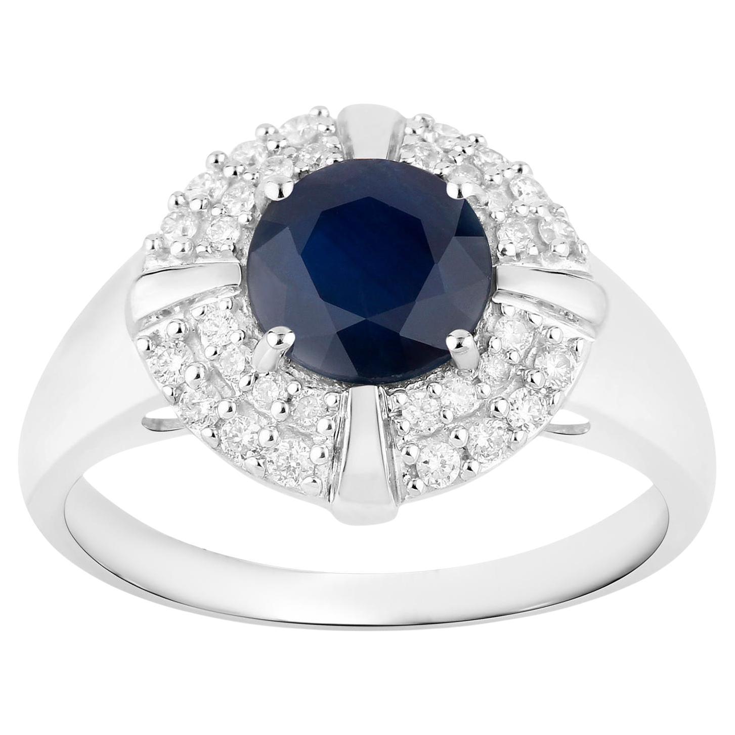 Blue Sapphire Ring Diamonds 1.7 Carats 10K White Gold For Sale