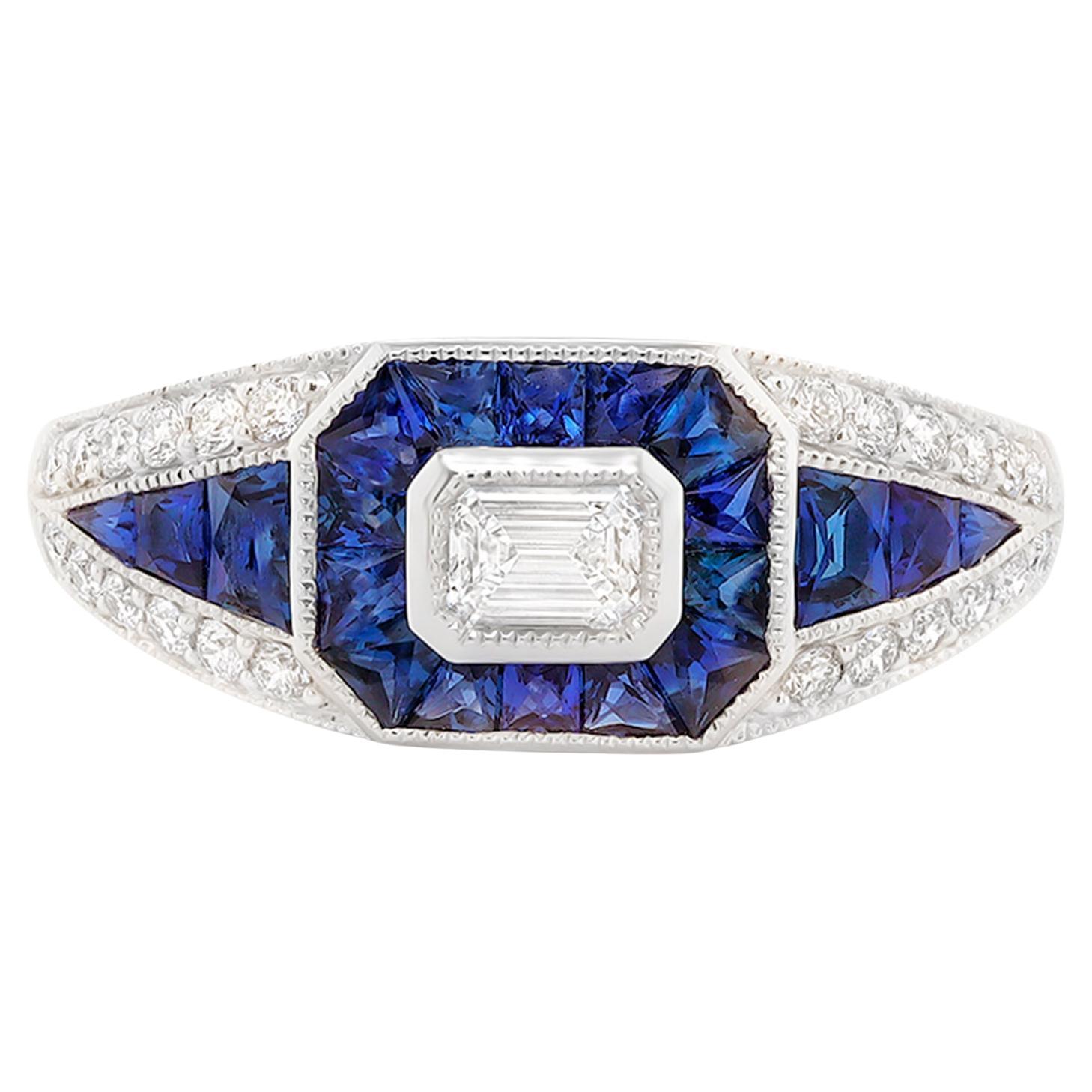 Blue Sapphire Ring Diamonds 1.7 Carats 18K White Gold