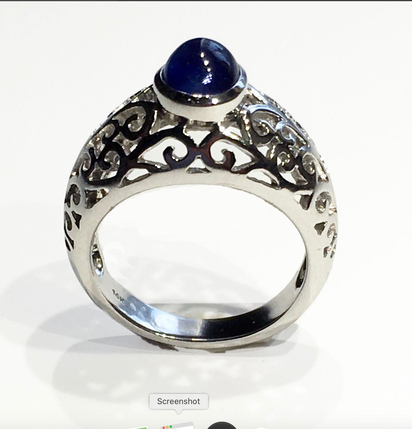 Women's or Men's Blue Sapphire Ring in 14kt White Gold For Sale