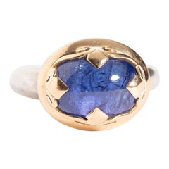 Vintage Blue Sapphire Ring in 18 Karat Gold and Sterling Silver Band