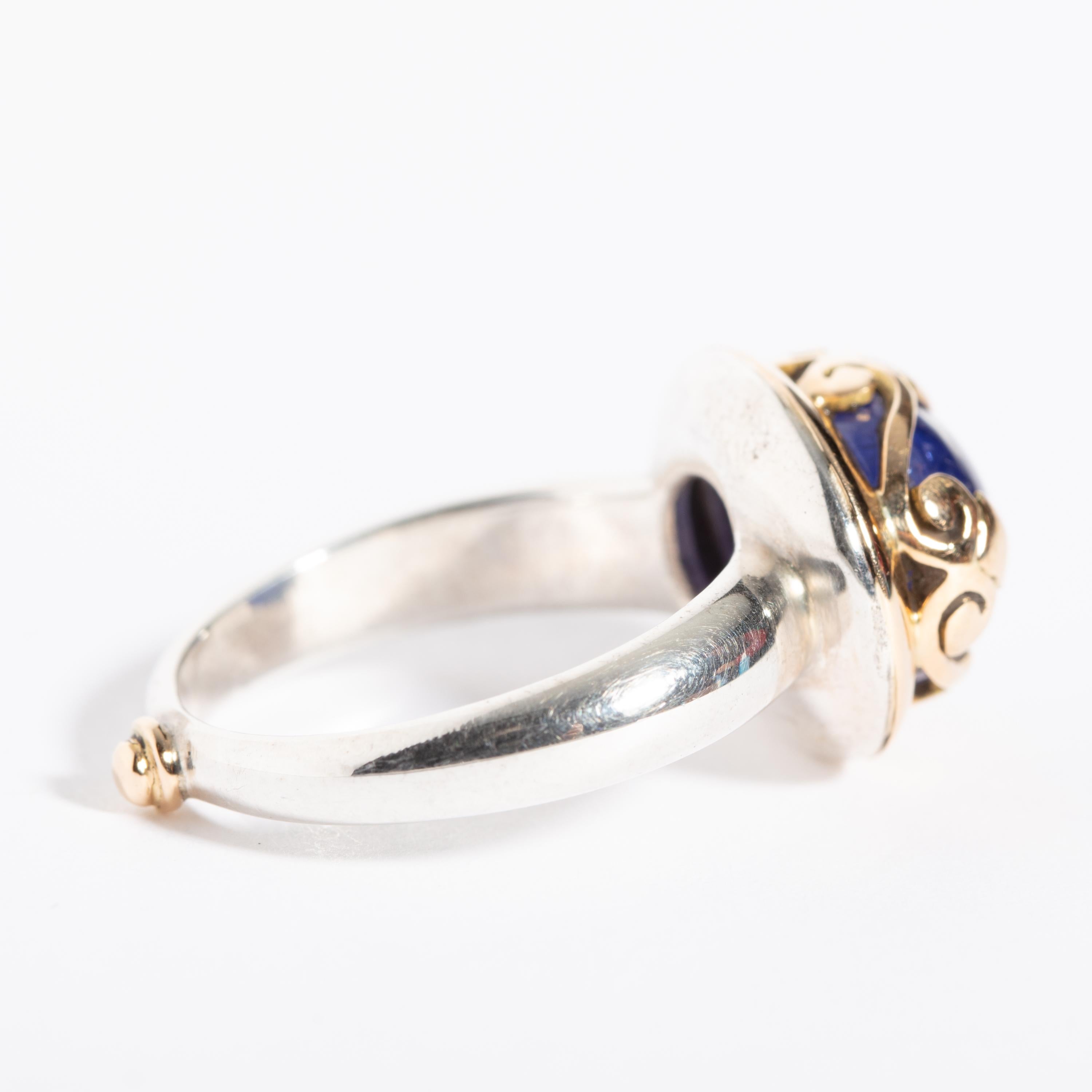 Blue Sapphire Ring in 18 Karat Gold and Sterling Silver Band In Excellent Condition In Nantucket, MA