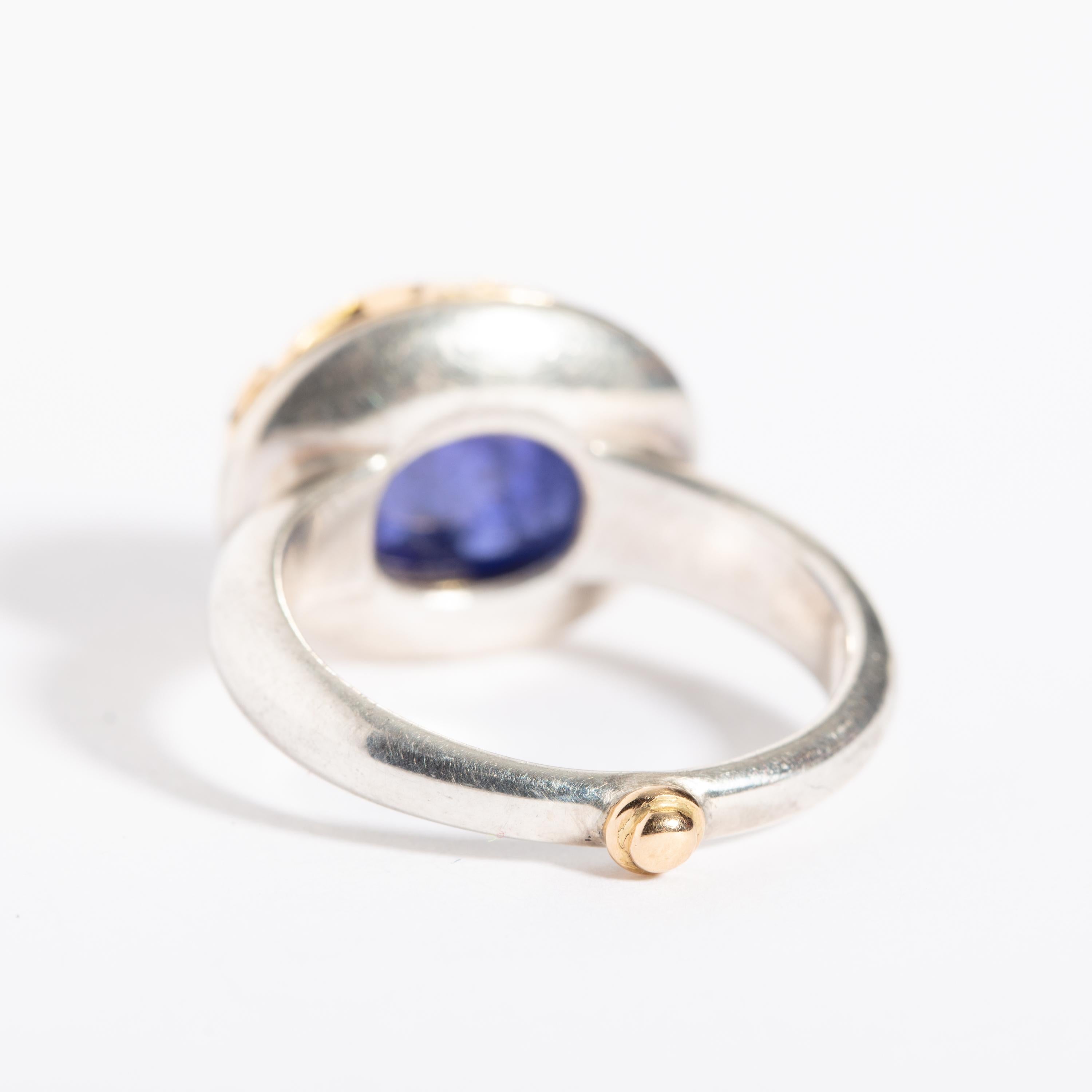 Women's or Men's Blue Sapphire Ring in 18 Karat Gold and Sterling Silver Band
