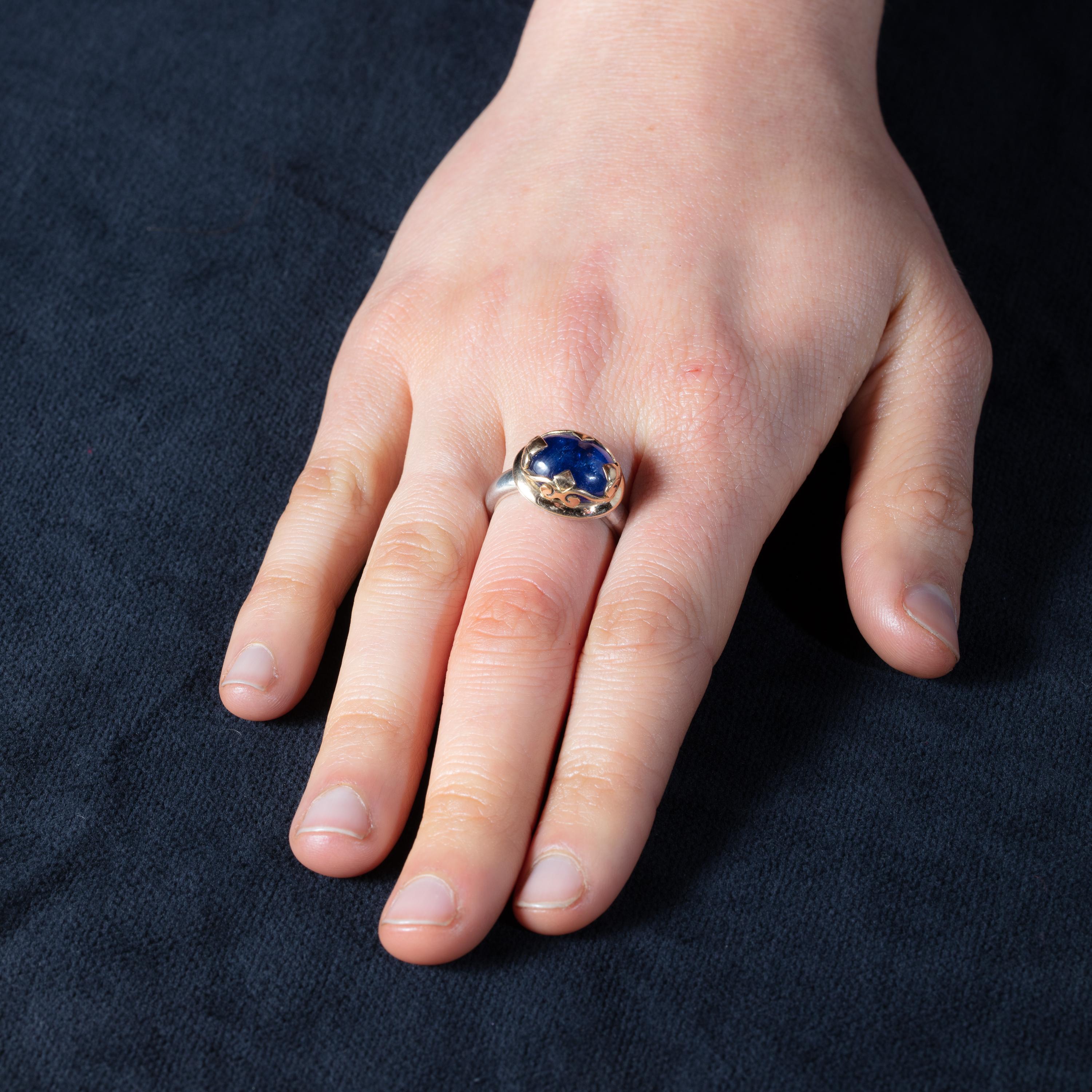 Blue Sapphire Ring in 18 Karat Gold and Sterling Silver Band 1