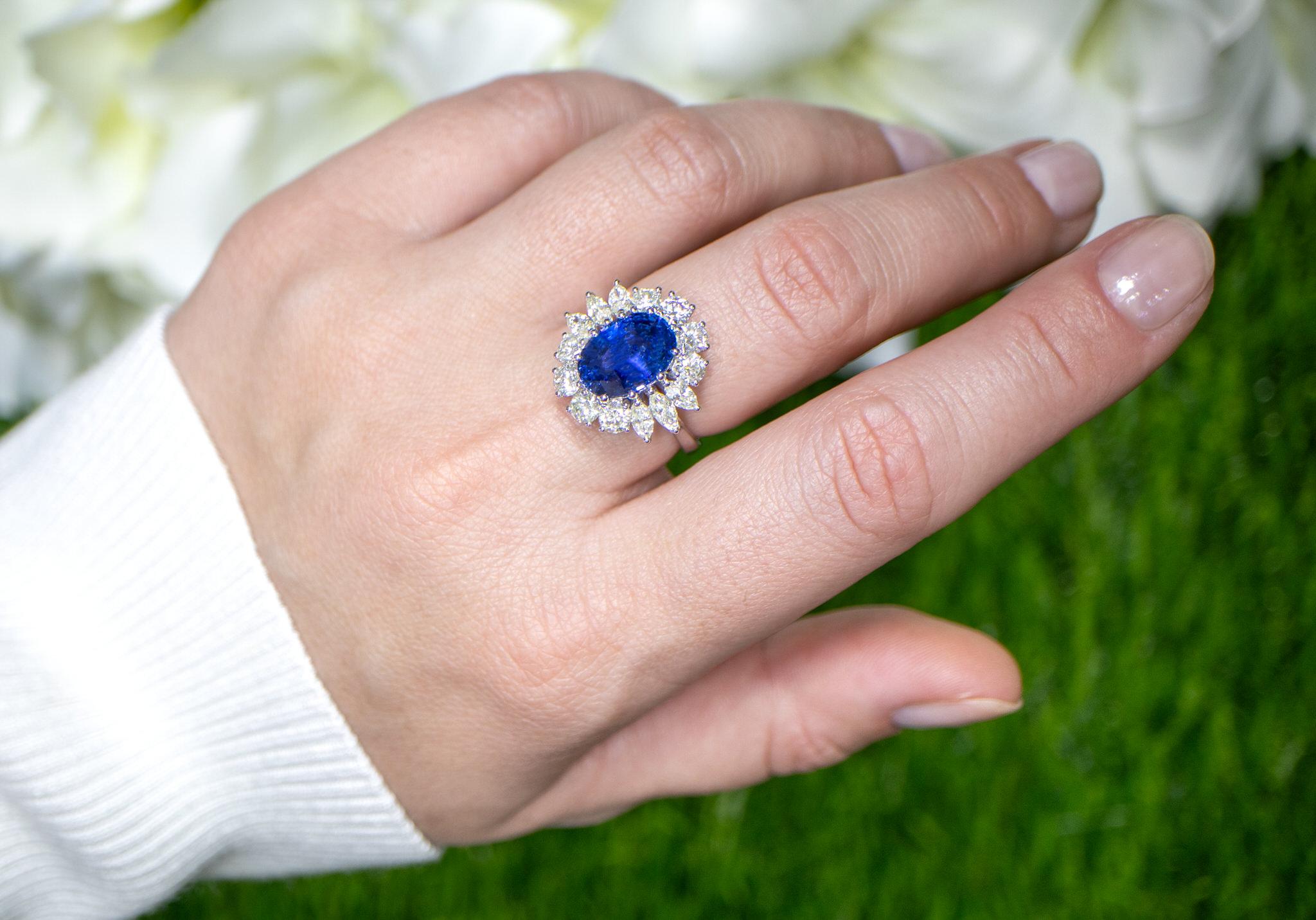 Oval Cut IDL Certified Ceylon Sapphire Ring Large Diamond Halo 6.26 Carats 18K Gold For Sale