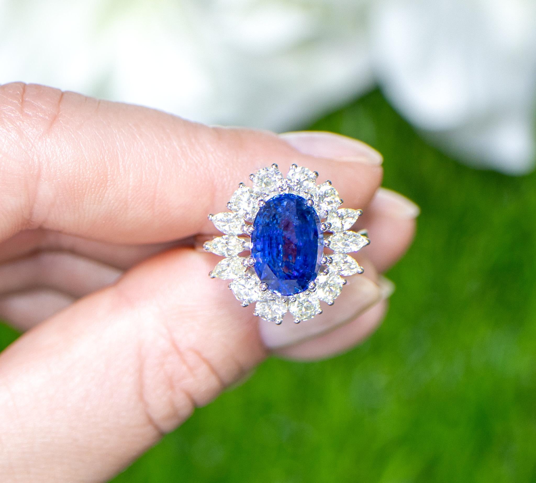 Blue Sapphire Ring Large Diamond Halo 6.26 Carats 18K Gold In Excellent Condition For Sale In Laguna Niguel, CA