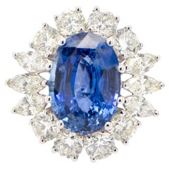 Blue Sapphire Ring Large Diamond Halo 6.26 Carats 18K Gold