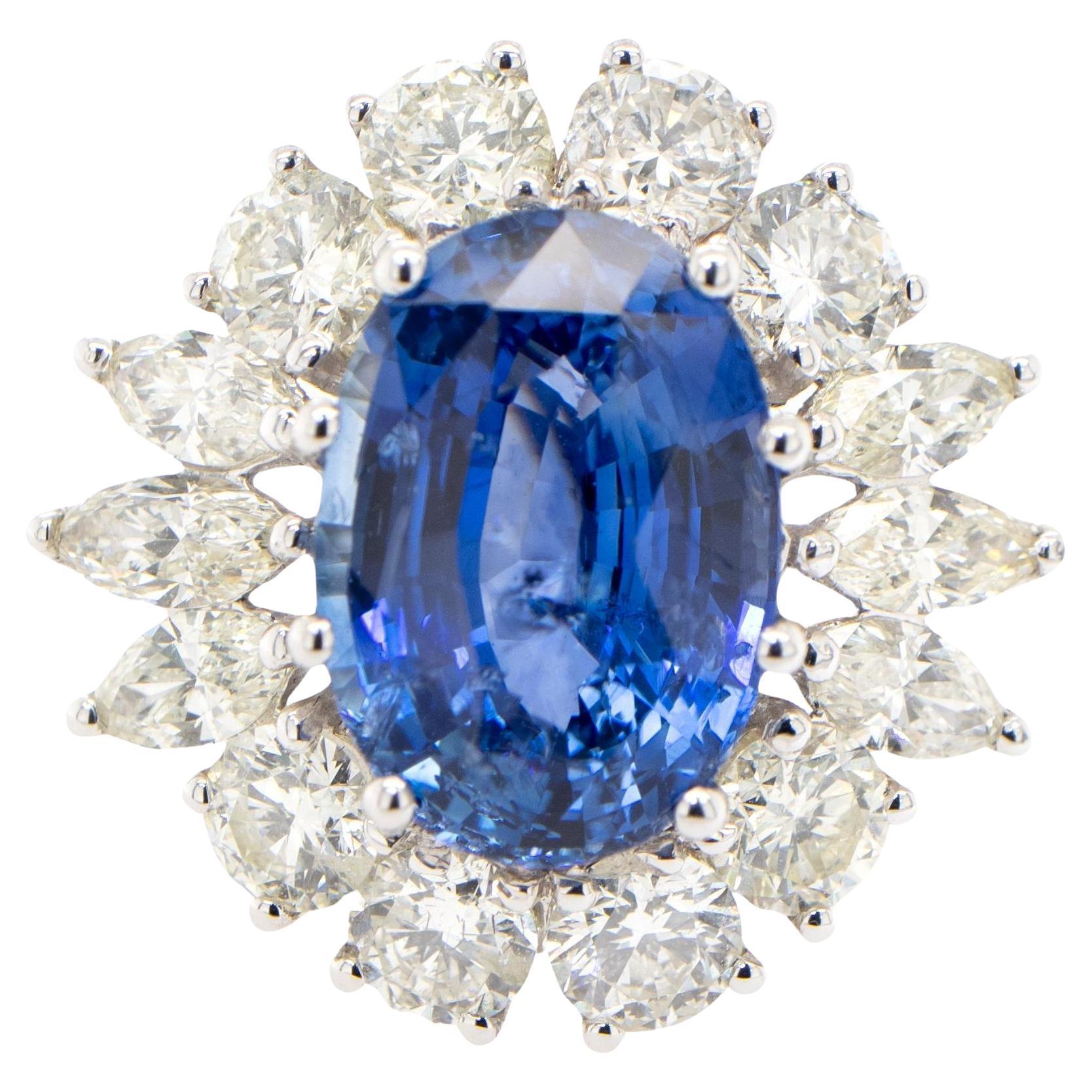 Blue Sapphire Ring Large Diamond Halo 6.26 Carats 18K Gold For Sale