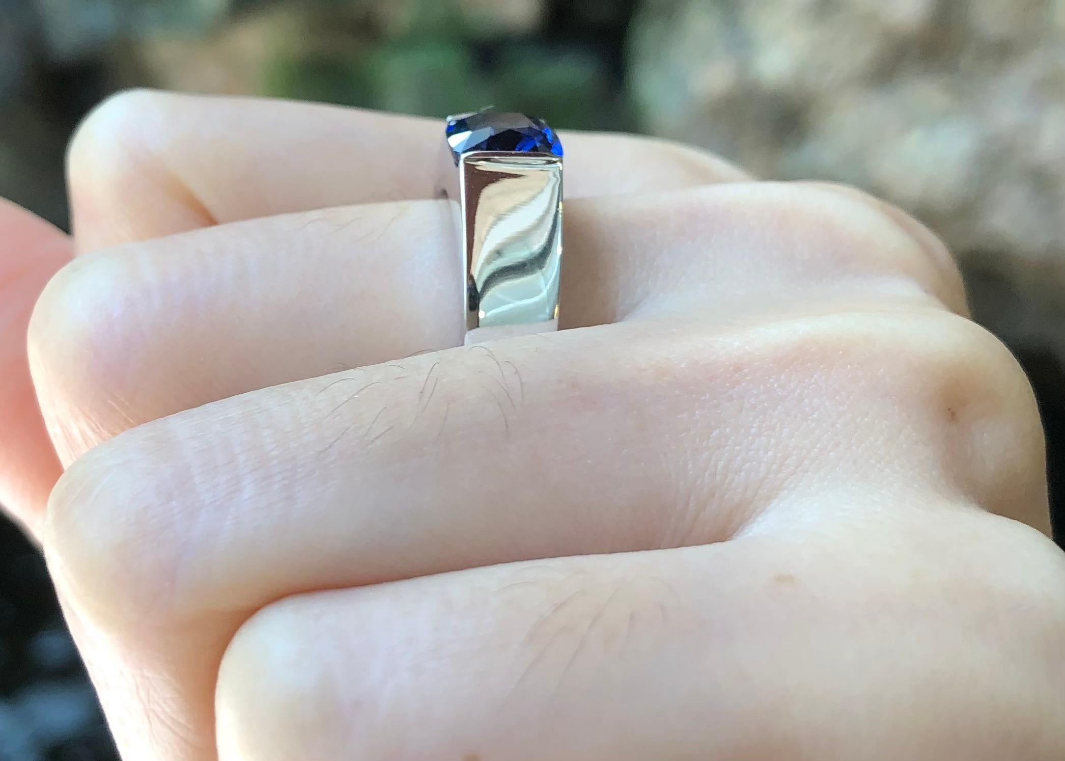 Cushion Cut Blue Sapphire Ring Set in Platinum 950 Settings For Sale