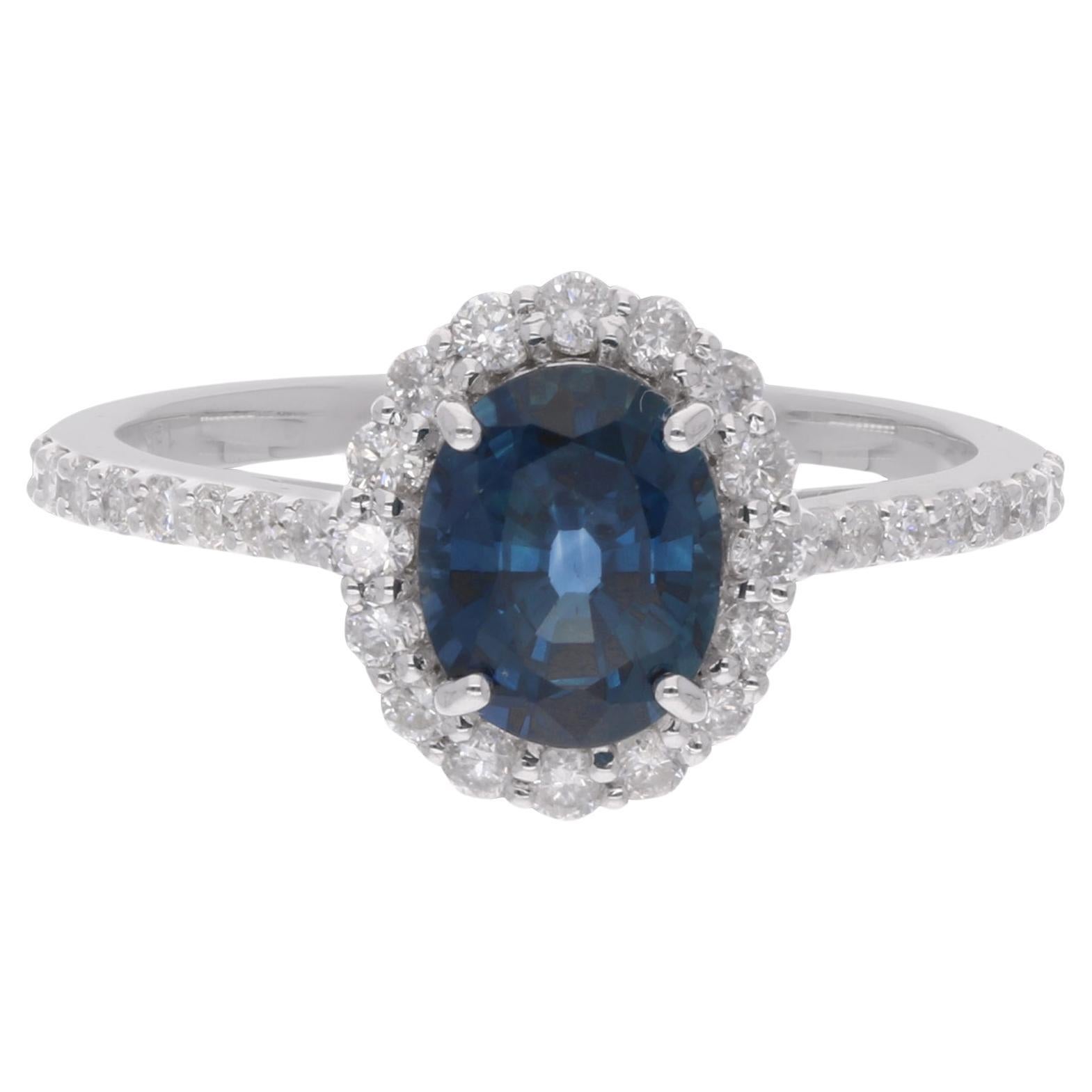 Blue Sapphire Ring SI Clarity HI Color Diamond 18 Karat White Gold Fine Jewelry For Sale