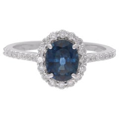 Bague de joaillerie fine en or blanc 18 carats avec saphir bleu de pureté SI et diamant de couleur hi-colore