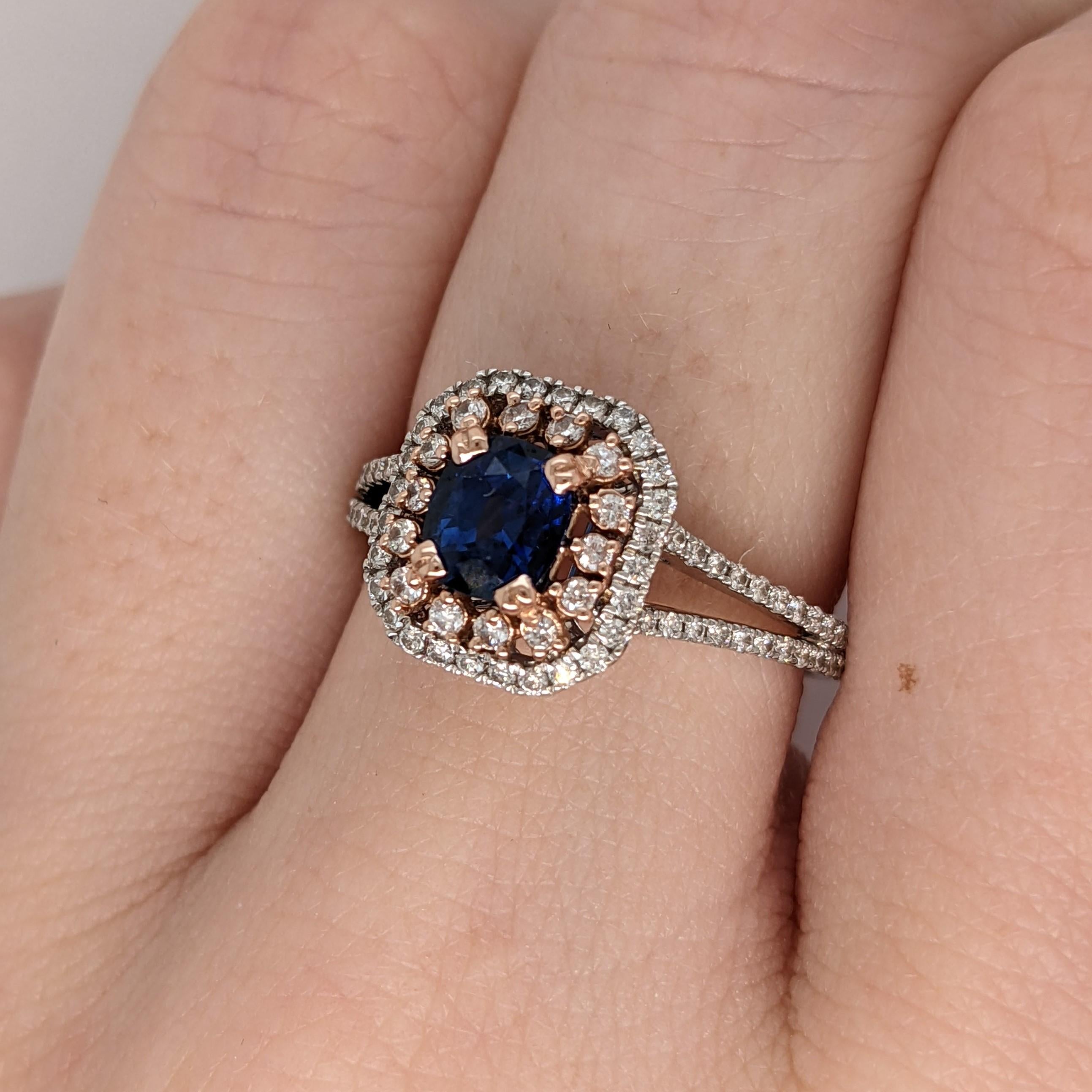 Blue Sapphire Ring w Double Halo of Diamonds in Dual Tone 14k Gold  Round In New Condition For Sale In Columbus, OH
