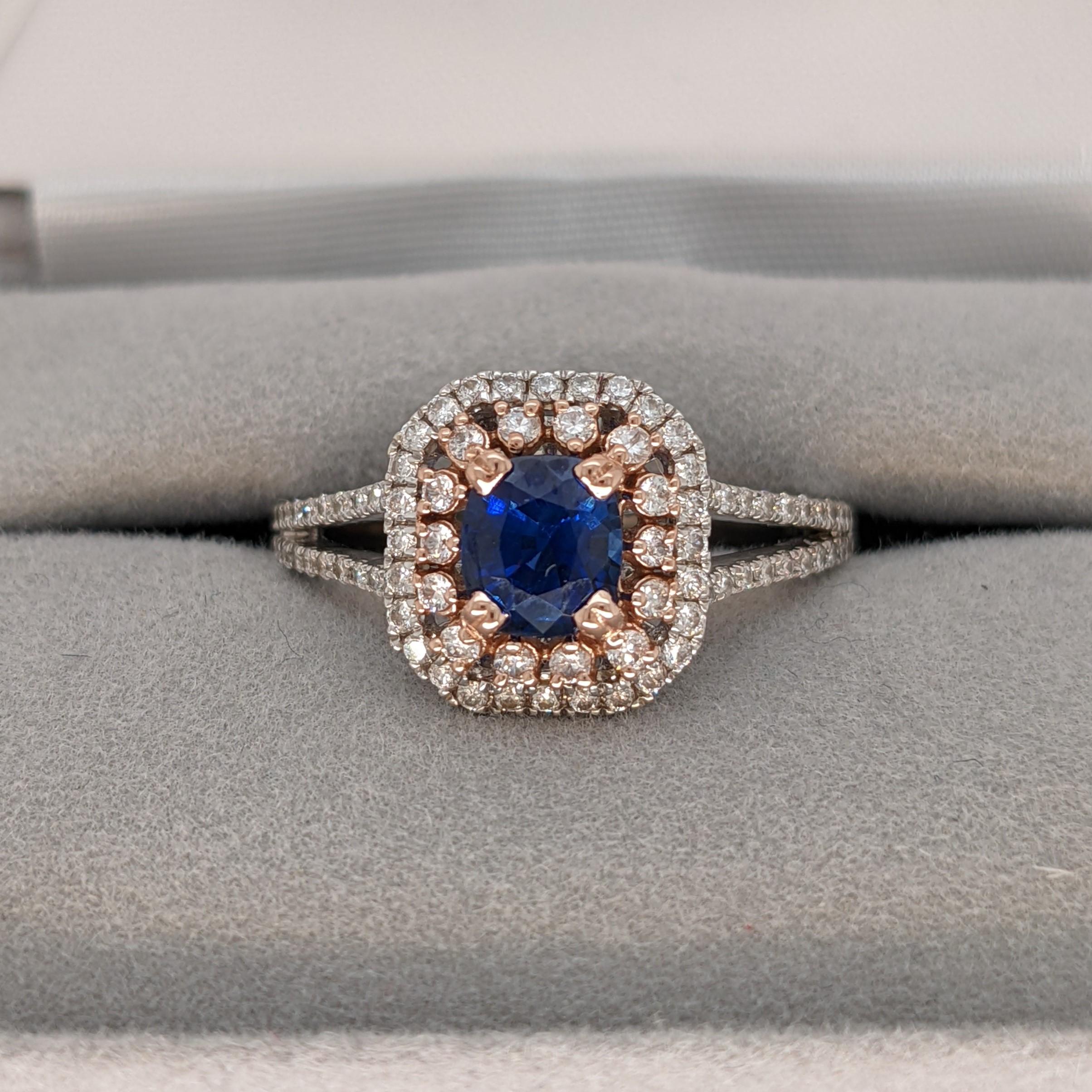 Women's or Men's Blue Sapphire Ring w Double Halo of Diamonds in Dual Tone 14k Gold  Round For Sale