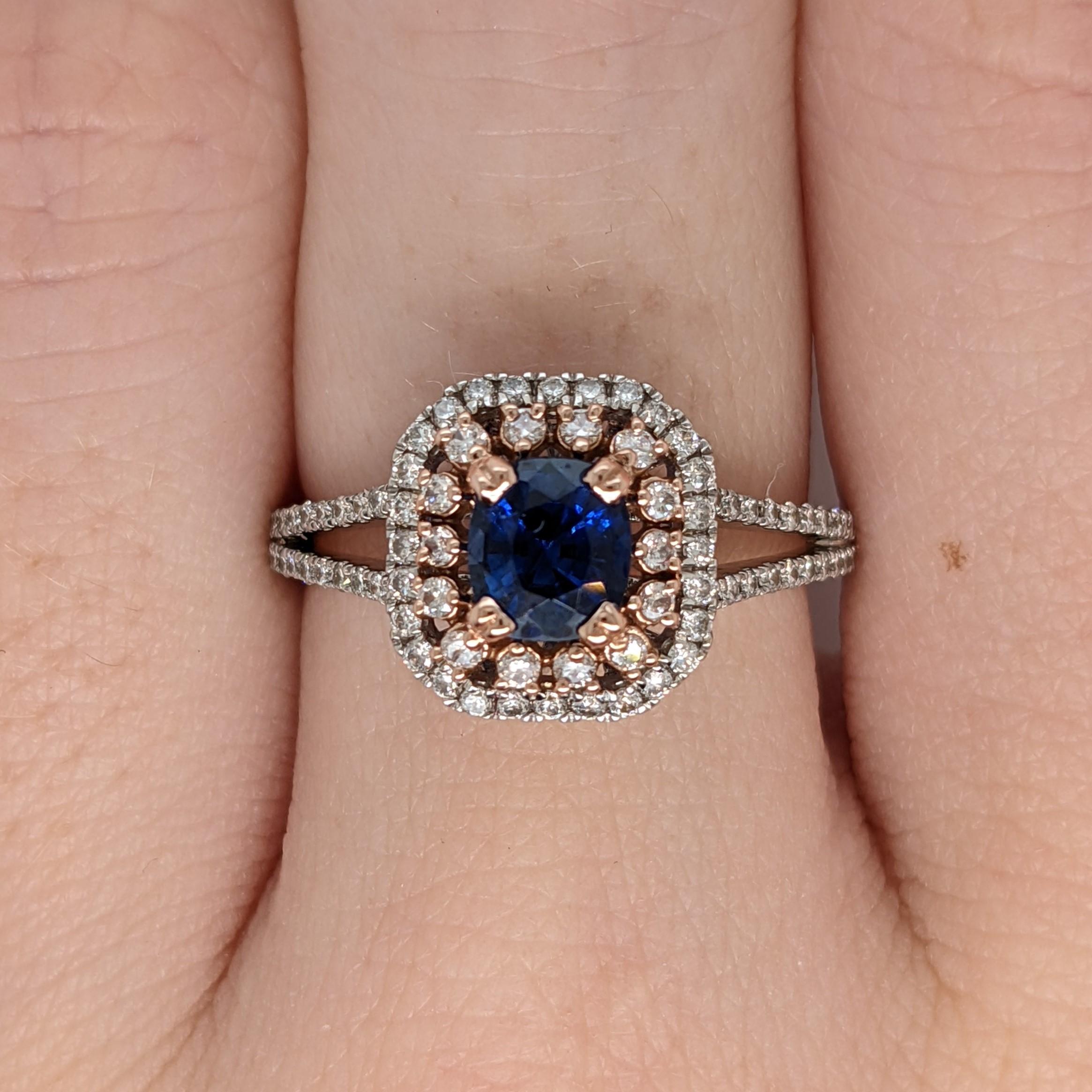 Blue Sapphire Ring w Double Halo of Diamonds in Dual Tone 14k Gold  Round For Sale 1