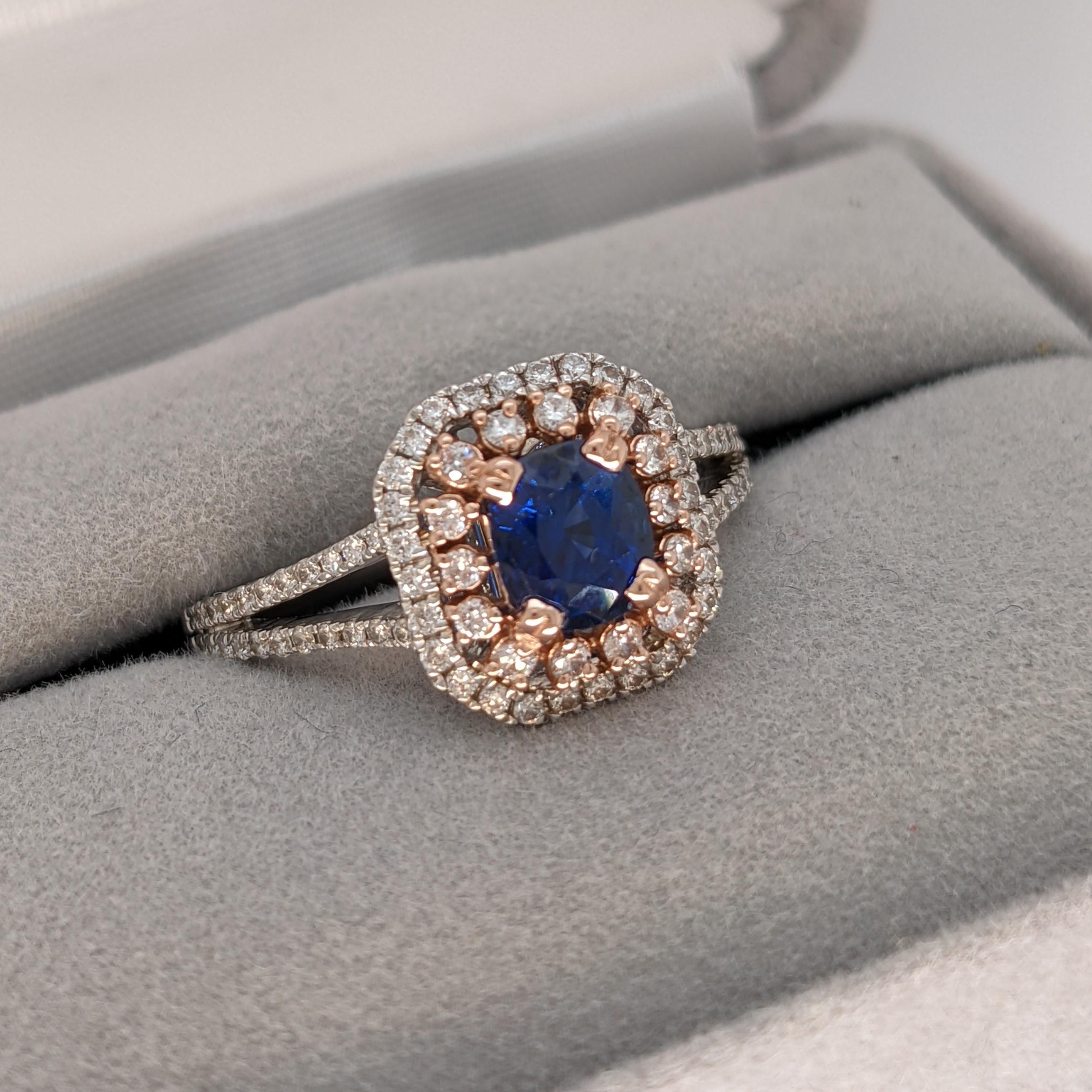 Blue Sapphire Ring w Double Halo of Diamonds in Dual Tone 14k Gold  Round For Sale 2