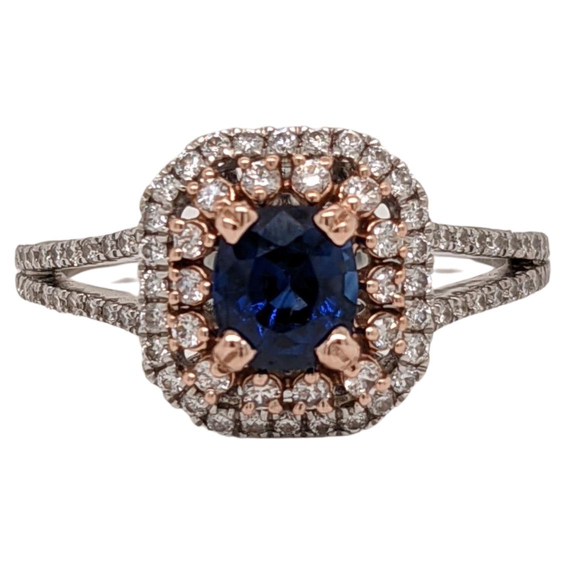 Blue Sapphire Ring w Double Halo of Diamonds in Dual Tone 14k Gold  Round