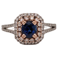 Blue Sapphire Ring w Double Halo of Diamonds in Dual Tone 14k Gold  Round