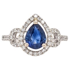 Blauer Saphir Ring mit erdfarbenen, Mined-Diamanten in birnenförmiger Form aus massivem 14K Gold 8x6mm