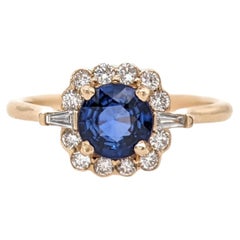 Blue Sapphire Ring w Earth Mined Diamonds in Solid 14K Yellow Gold EM 5mm