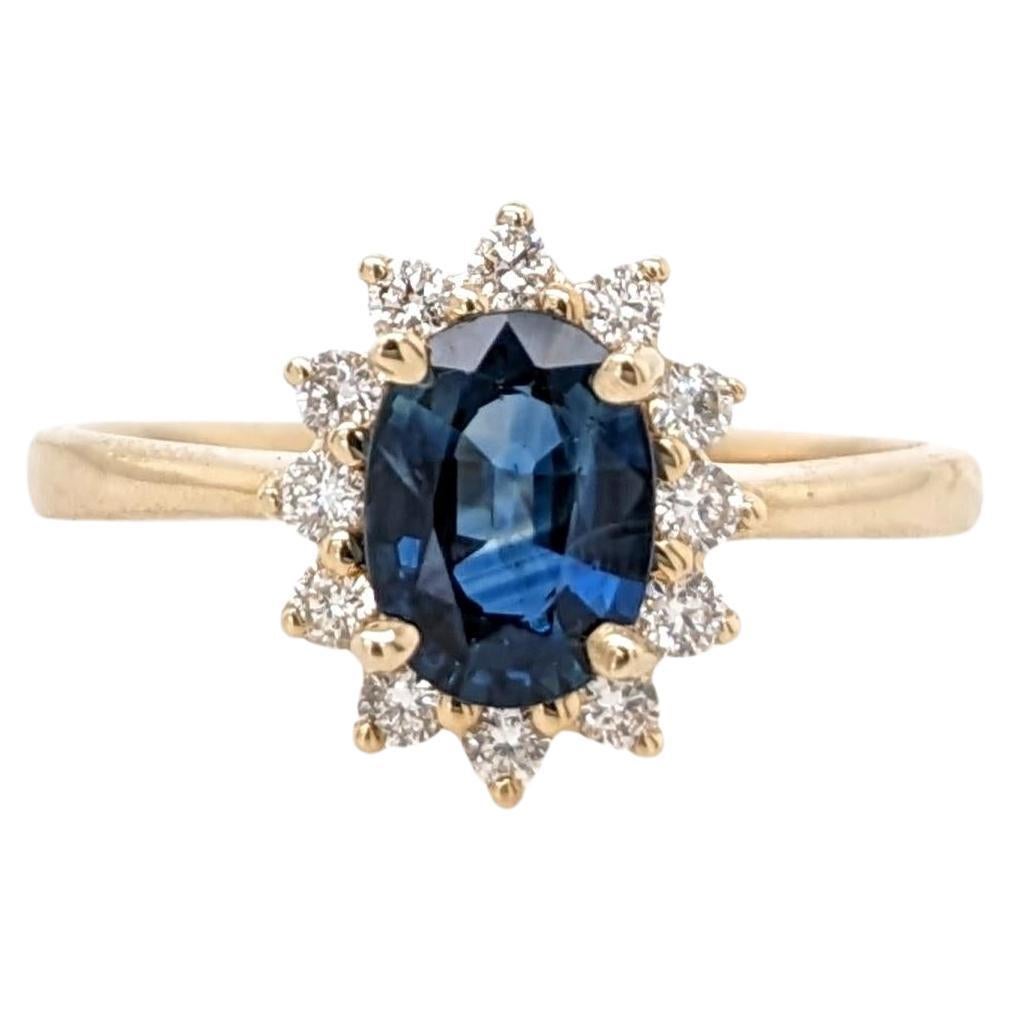 Blue Sapphire Ring w Earth Mined Diamonds in Solid 14K Yellow Gold Oval 7x5mm