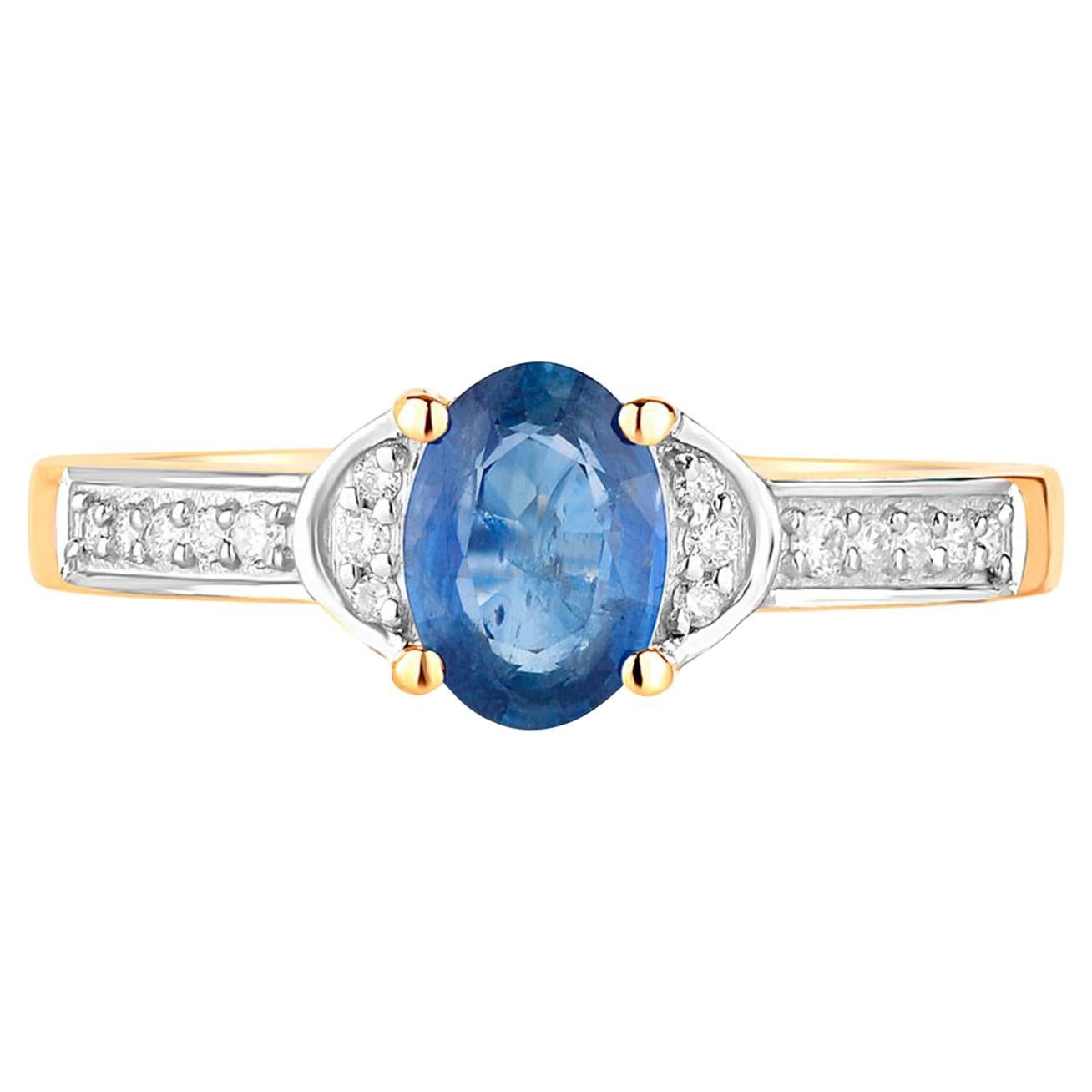 Blue Sapphire Ring White Diamonds 1.04 Carats 10K Yellow Gold For Sale