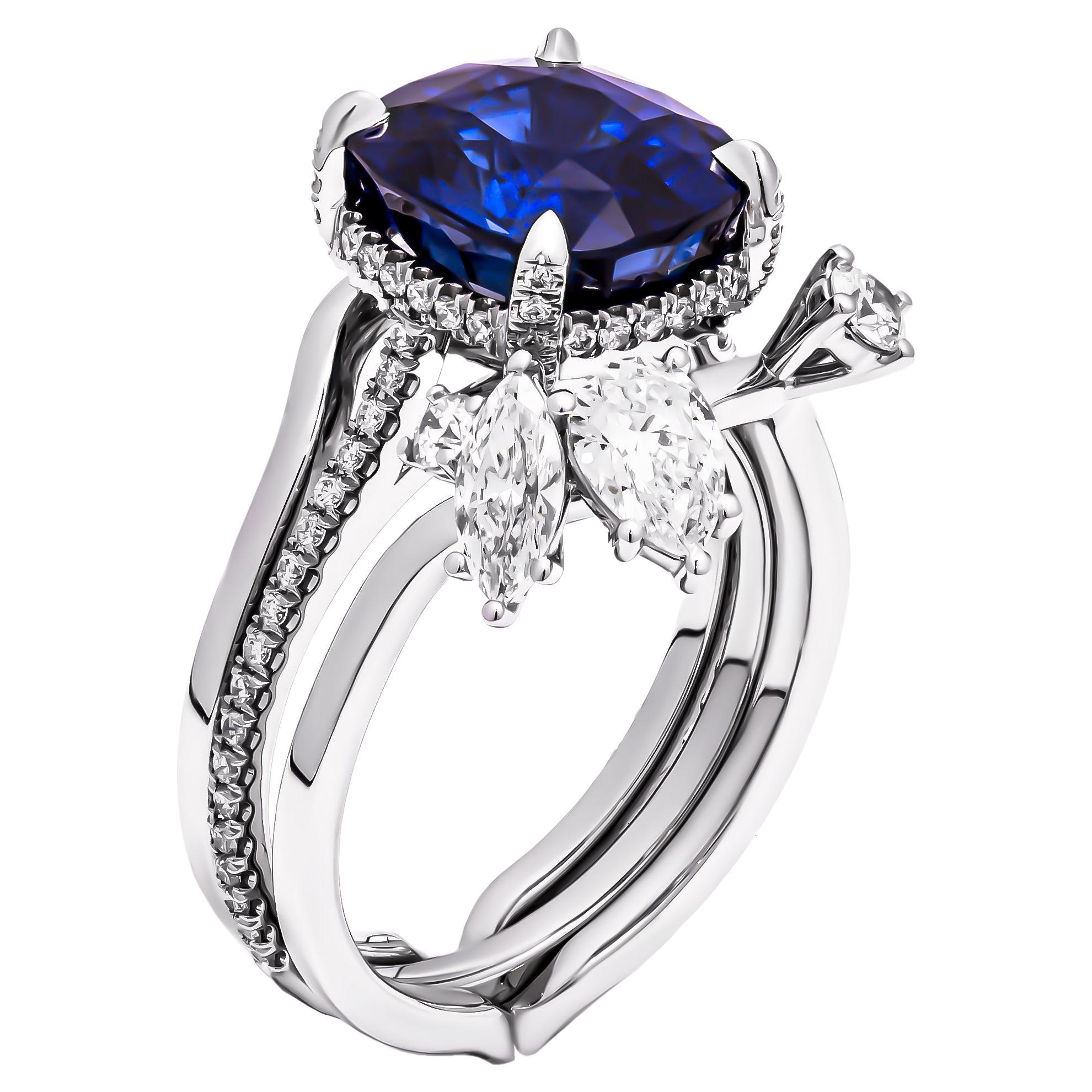Elevate your jewelry collection with an extraordinary Platinum Ring featuring a mesmerizing 5.08-carat cushion-cut Blue Sapphire as its centerpiece. This exceptional ring exudes opulence and sophistication, making it a timeless symbol of elegance