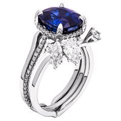 Blue Sapphire Ring with Diamond Insert in Platinum
