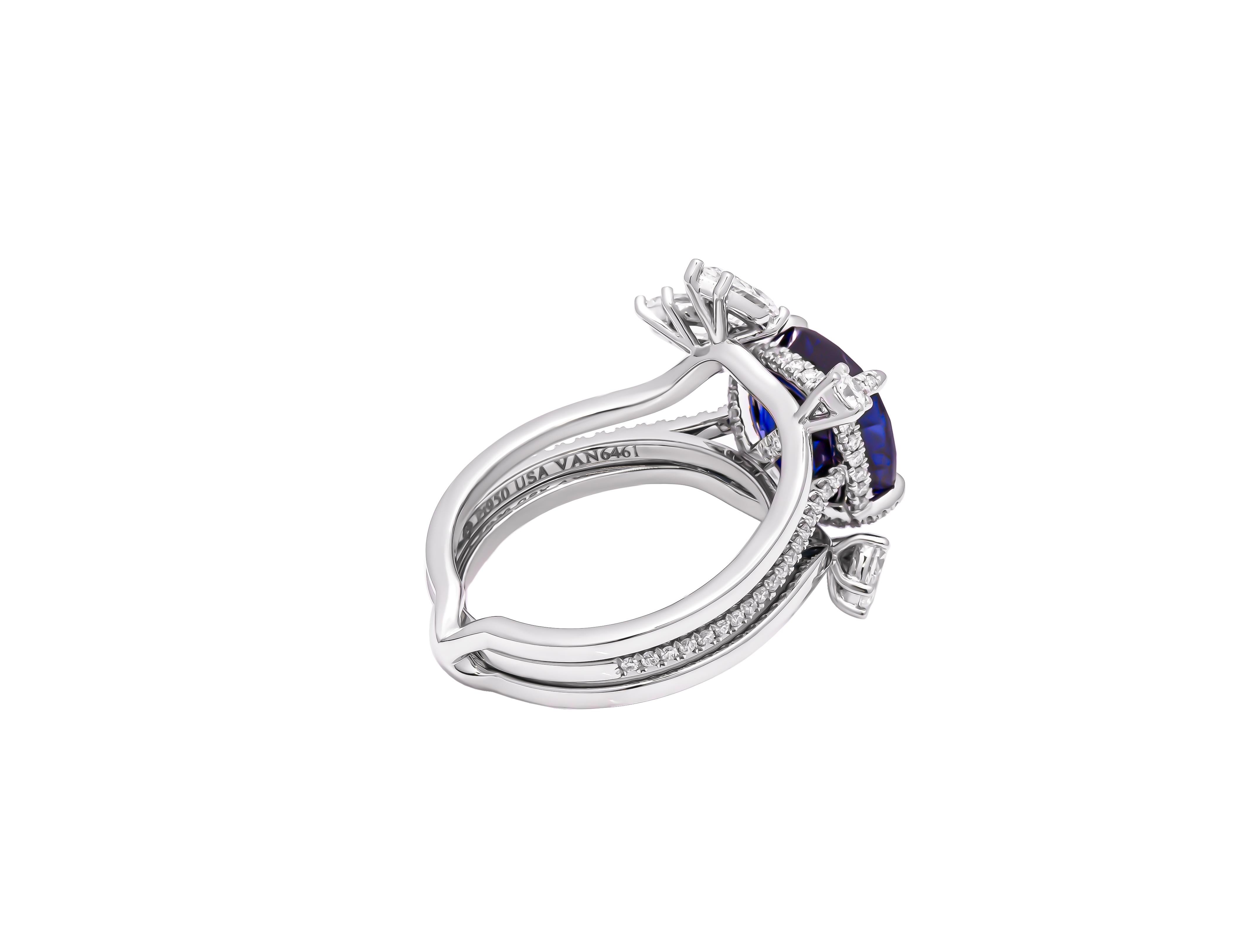 Cushion Cut Blue Sapphire Ring with Diamond Insert in Platinum For Sale