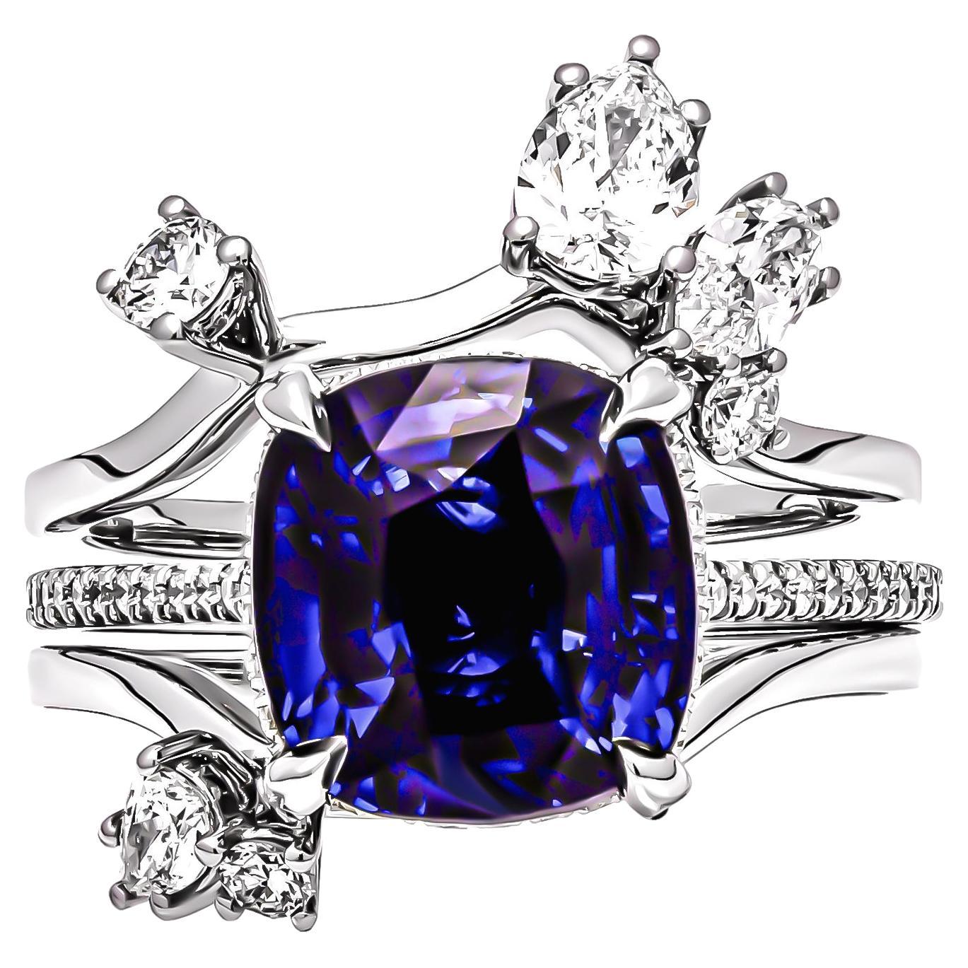 Blue Sapphire Ring with Diamond Insert in Platinum For Sale