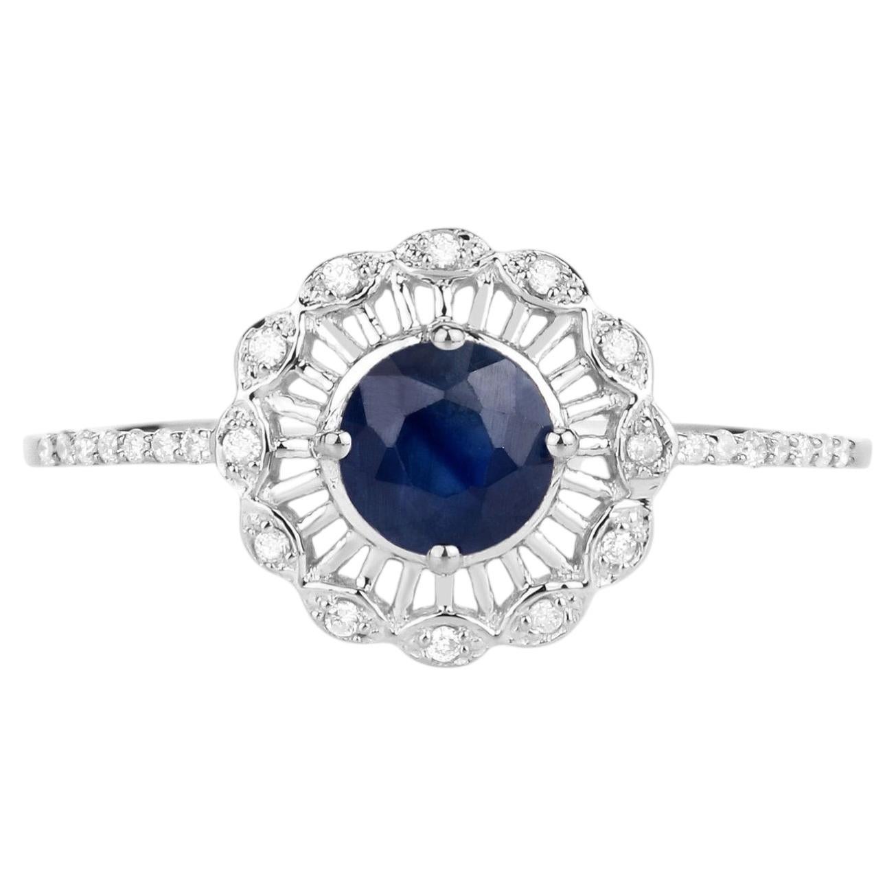 Blue Sapphire Ring With Diamonds 0.7 Carats 14K White Gold