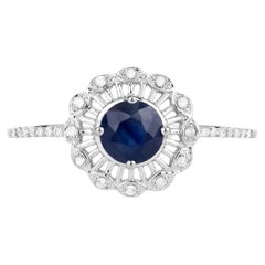 Blue Sapphire Ring With Diamonds 0.7 Carats 14K White Gold
