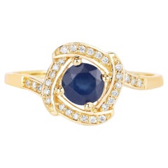 Blue Sapphire Ring With Diamonds 0.7 Carats 14K Yellow Gold