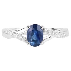Blue Sapphire Ring With Diamonds 1.02 Carats 14K White Gold