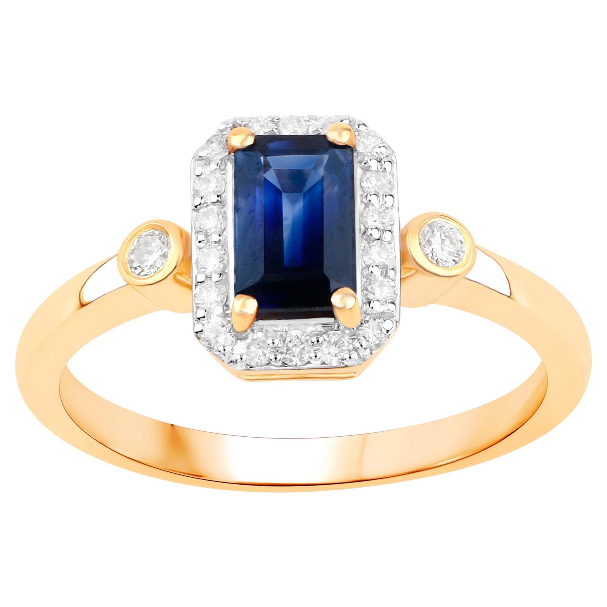 Bague en or jaune 14 carats avec saphir bleu et diamants 1,08 carats