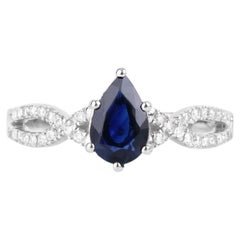 Blue Sapphire Ring With Diamonds 1.1 Carats 14K White Gold