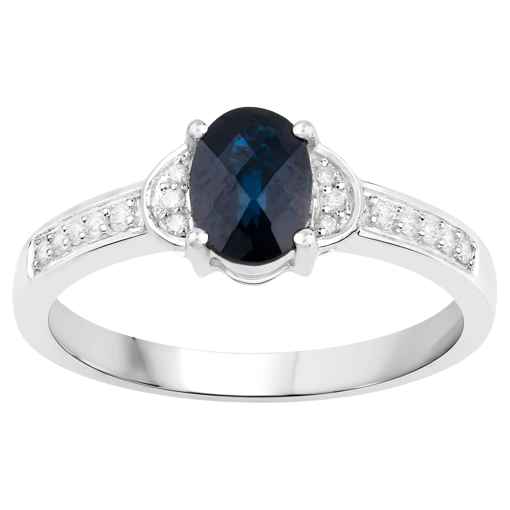 Blue Sapphire Ring With Diamonds 1.16 Carats 14K White Gold For Sale