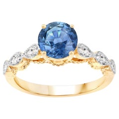 Anillo Zafiro Azul Con Diamantes 1,27 Quilates Oro Amarillo 14K