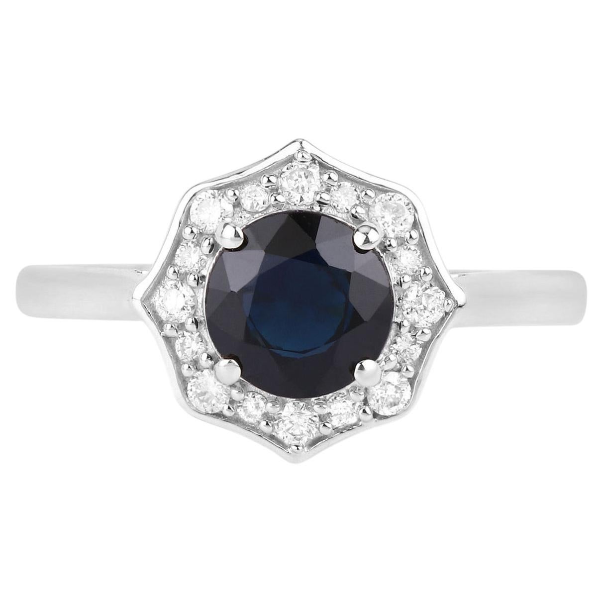 Blue Sapphire Ring With Diamonds 1.3 Carats 10K White Gold For Sale