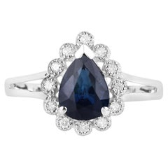 Blue Sapphire Ring With Diamonds 1.42 Carats 14K White Gold