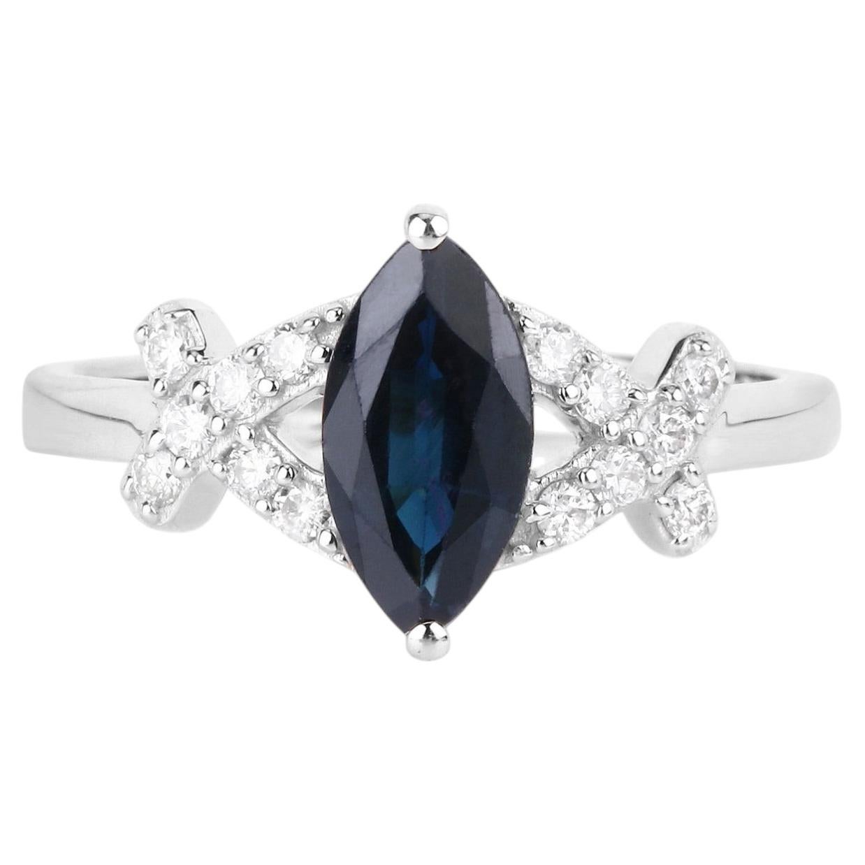 Blue Sapphire Ring With Diamonds 1.46 Carats 14K White Gold