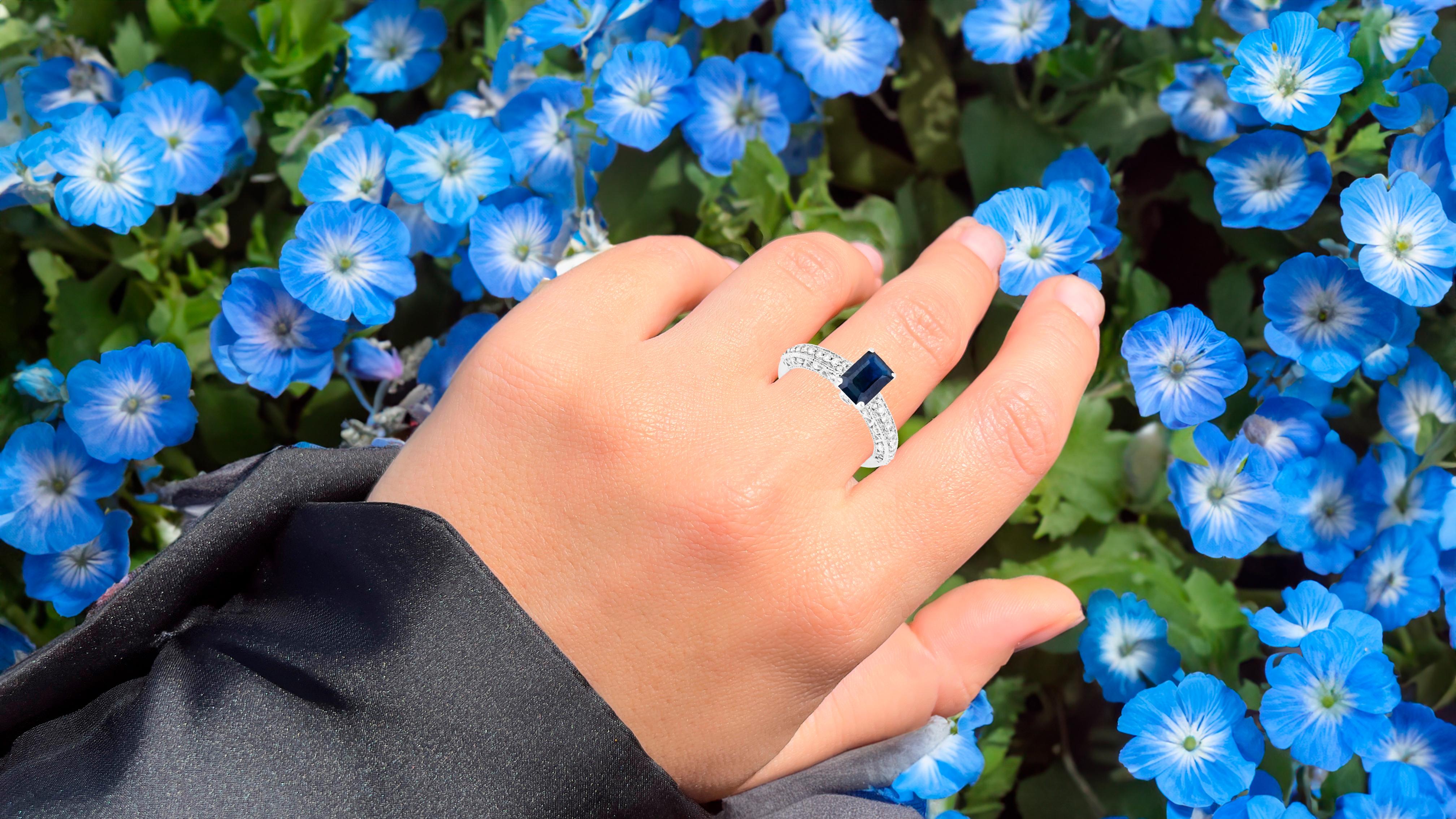Emerald Cut Blue Sapphire Ring With Diamonds 1.55 Carats 14K White Gold For Sale