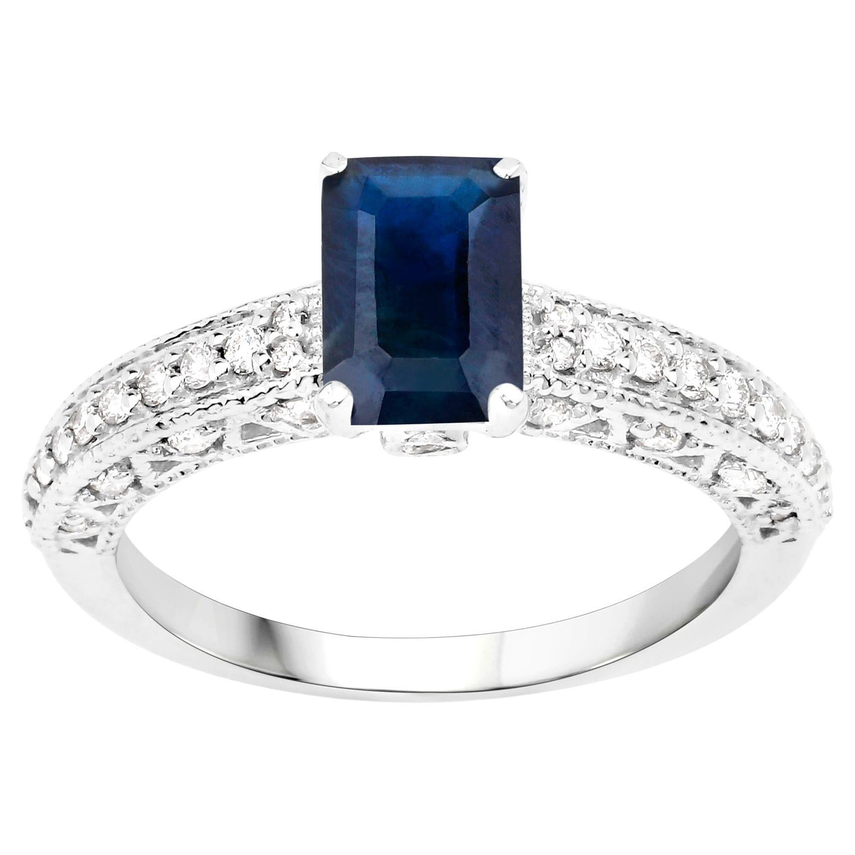 Blue Sapphire Ring With Diamonds 1.55 Carats 14K White Gold For Sale