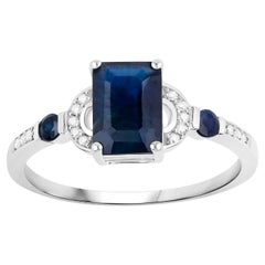 Blue Sapphire Ring With Diamonds 1.64 Carats 14K White Gold