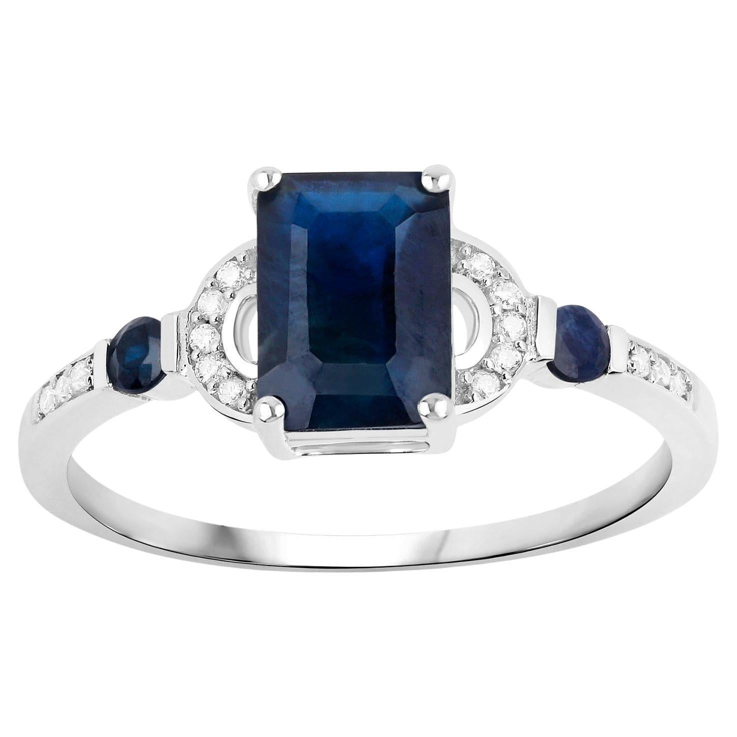 Blue Sapphire Ring With Diamonds 1.64 Carats 14K White Gold For Sale