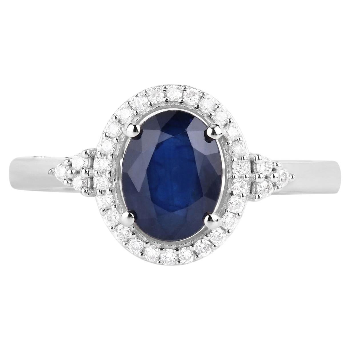 Blue Sapphire Ring With Diamonds 1.66 Carats 14K White Gold