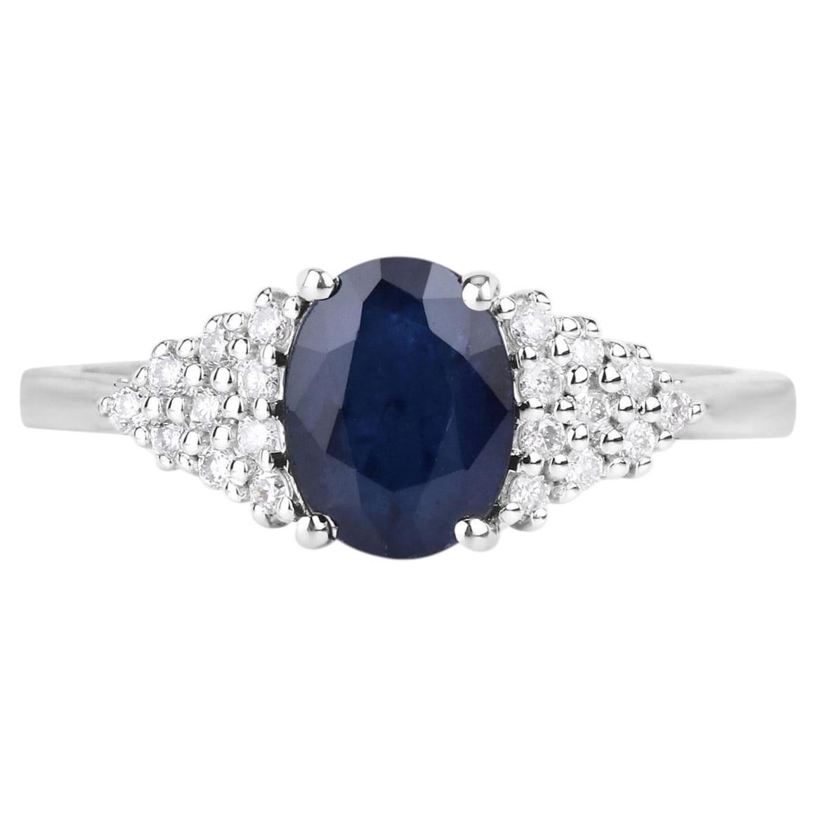 Blue Sapphire Ring With Diamonds 1.7 Carats 14K White Gold