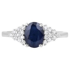 Blue Sapphire Ring With Diamonds 1.7 Carats 14K White Gold
